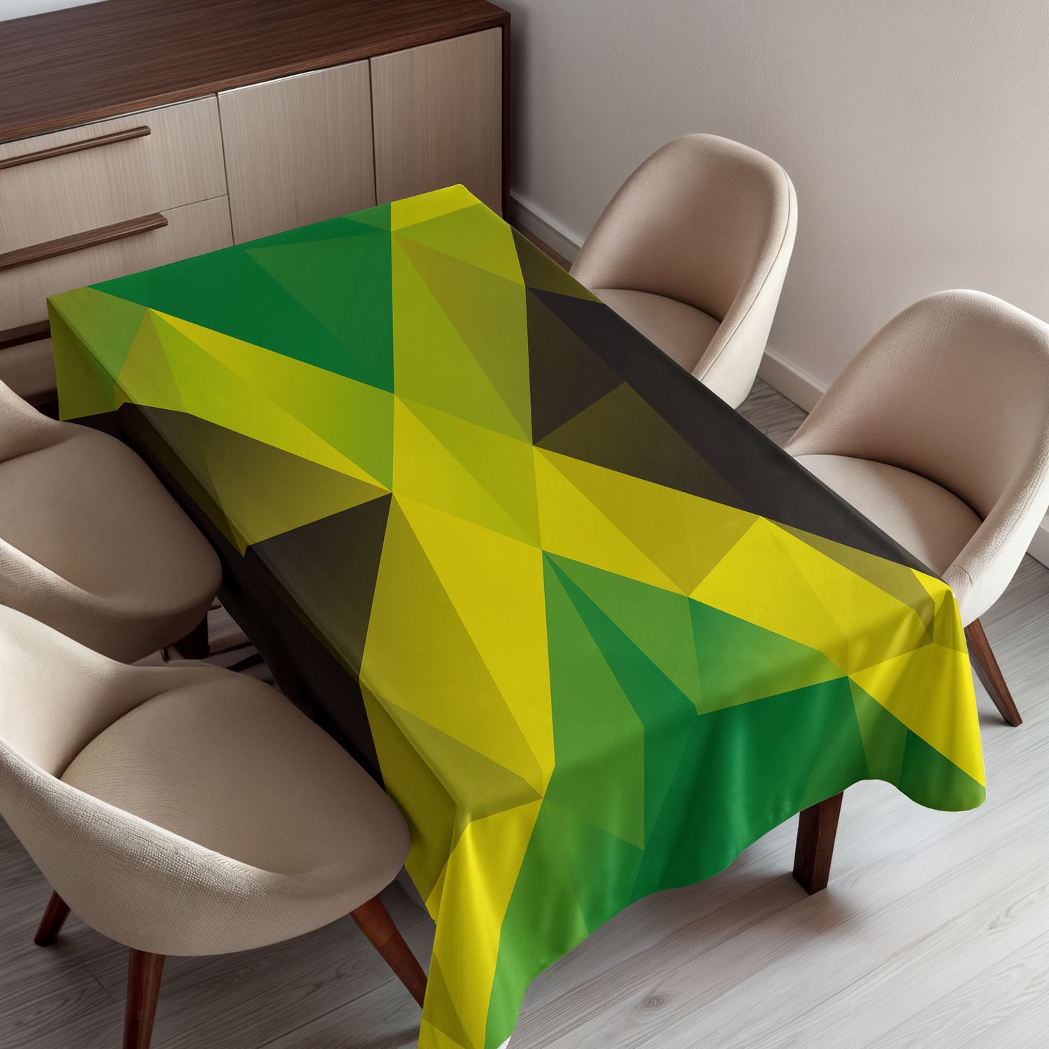 ABAKUHAUS Jamaicaans Tafelkleed, Driehoekig Polygoonontwerp Abstracte Geometrische Nationale Vlag, Rechthoekig Tafelkleed voor Eetkamer Keukendecoratie, 150 x 200 cm, Geel Groen