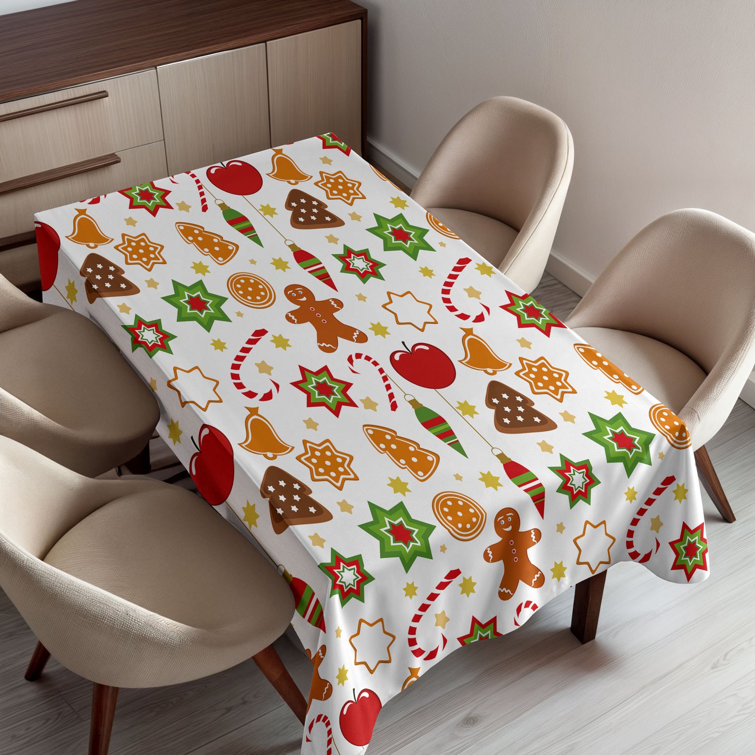 ABAKUHAUS Peperkoekmannetje Tafelkleed, Kerst Grafisch Patroon met Sterren Koekjes Appels en Bellen, Rechthoekig Tafelkleed voor Eetkamer Keukendecoratie, 150 x 220 cm, Rood Kaneel