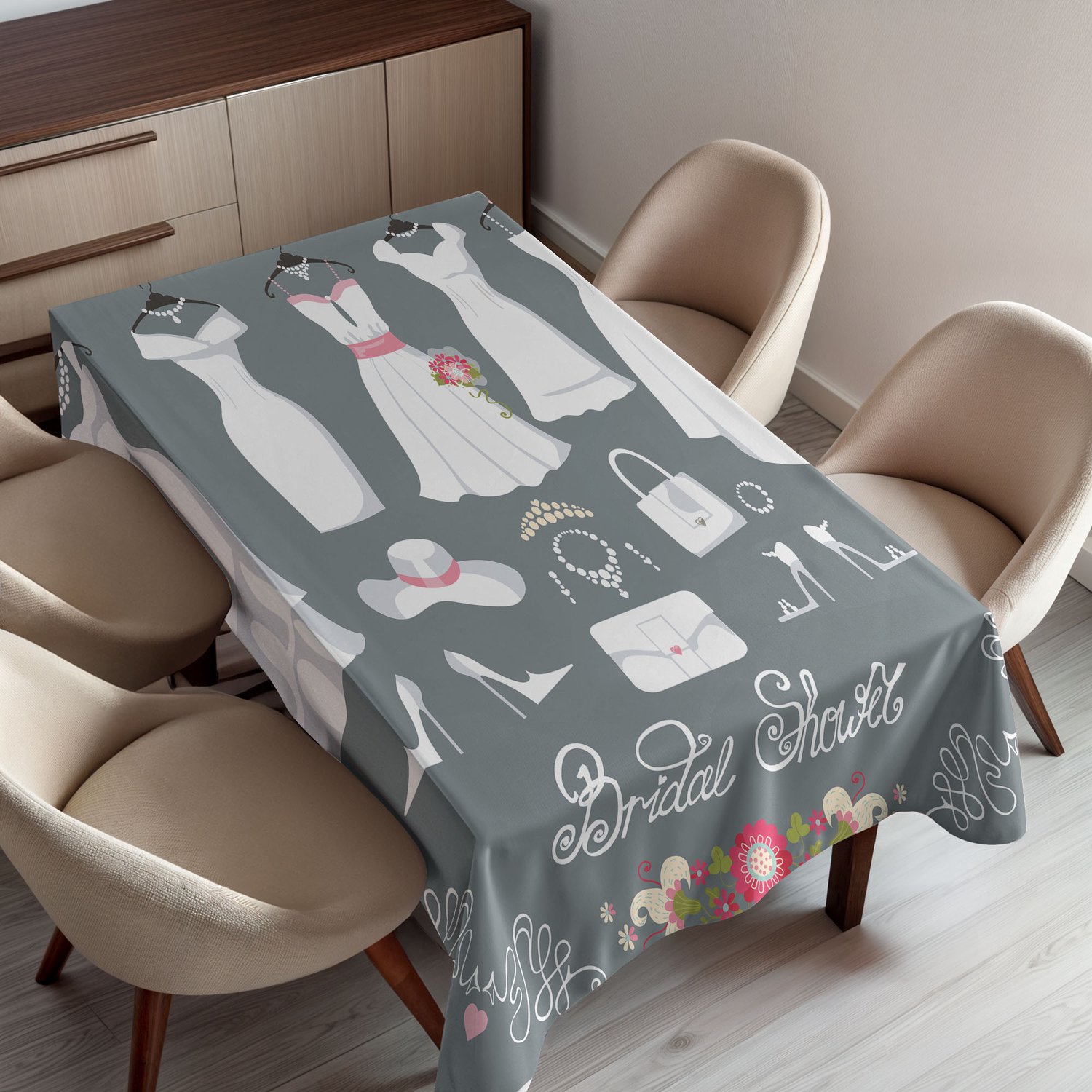 ABAKUHAUS Bridal Shower Tafelkleed, Witte Trouwjurk met Bruidsdetails Tassen en Bloemenprint, Rechthoekig Tafelkleed voor Eetkamer Keukendecoratie, 150 x 220 cm, Wit Roze en Antracietgrijs