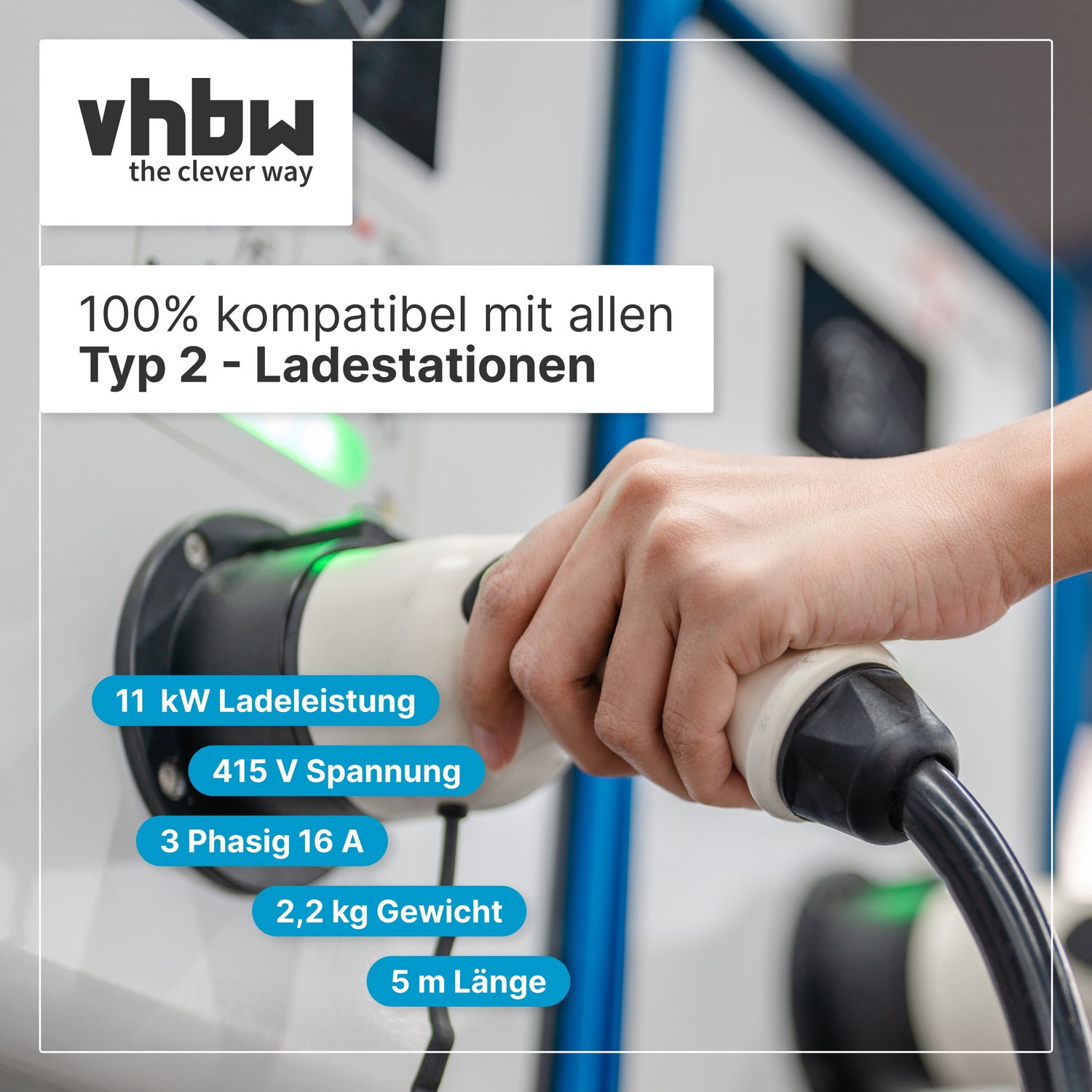 vhbw Type 2 laadkabel 11 kW 16 A 3-fasen 5 m voor elektrische auto's - kabel voor wallbox en laadstation