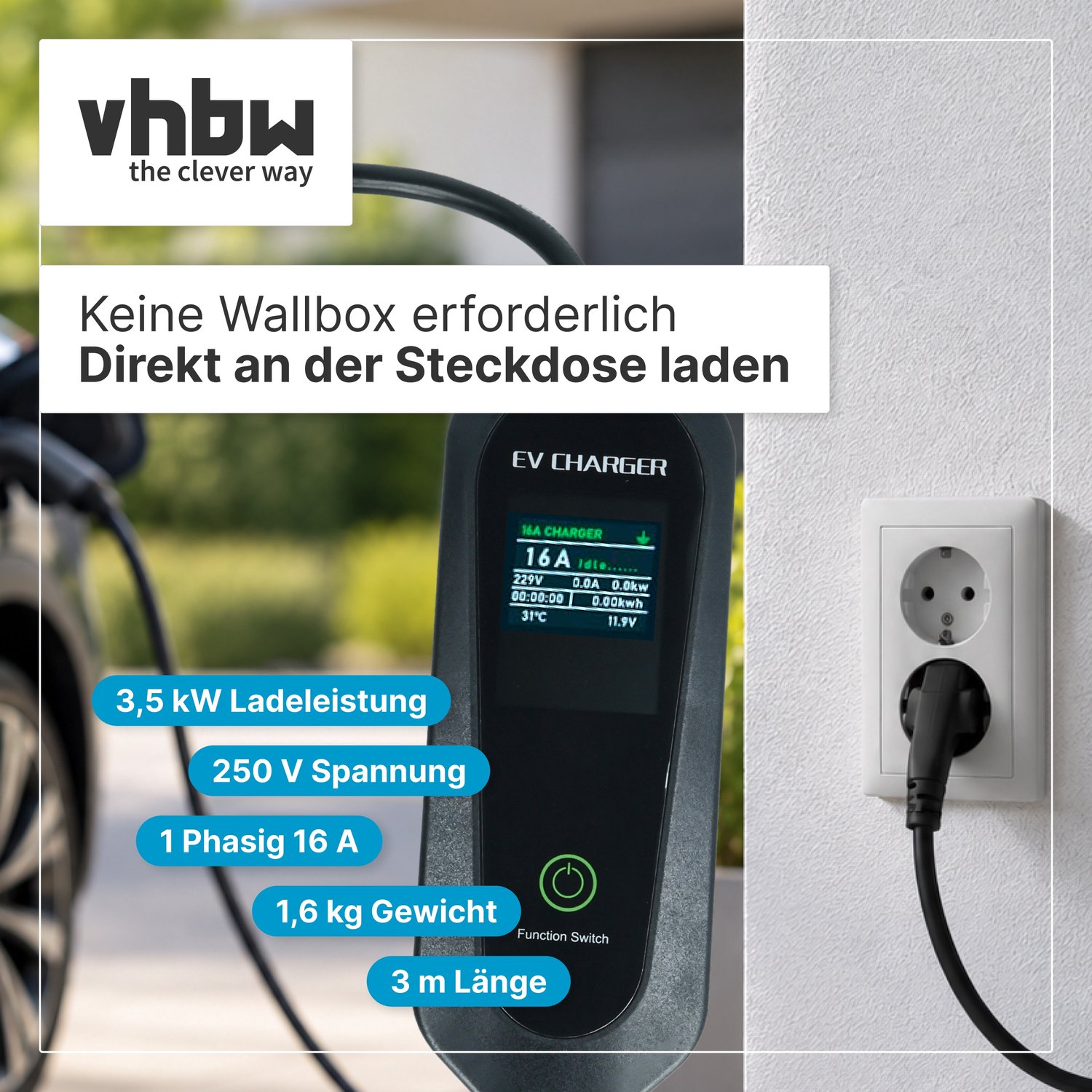 vhbw Type 2 laadkabel 3,5 kW 16 A eenfasig 3 m voor elektrische auto's - kabel voor wallbox en huishoudelijk stopcontact type F CEE 7/7