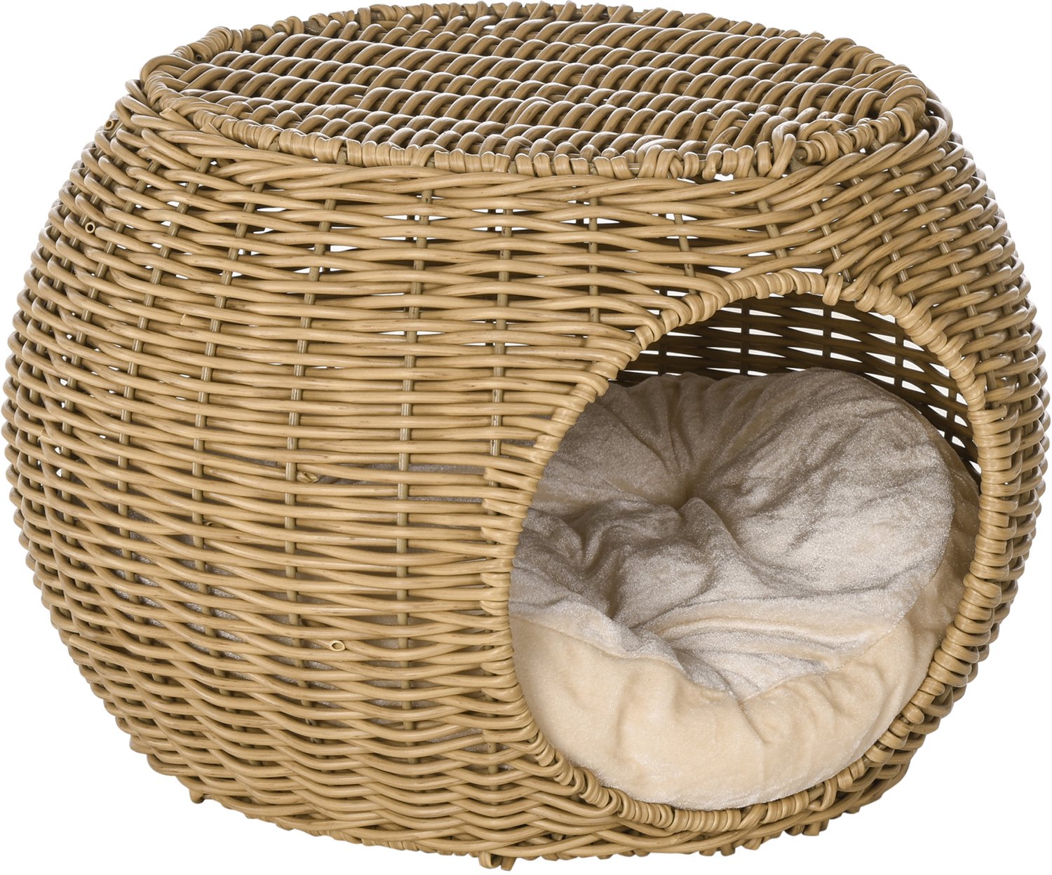 Pawona Tweeledig kattenhuis van PE-rotan - Met kussen - Ø40 x 30 cm - Lichtbruin