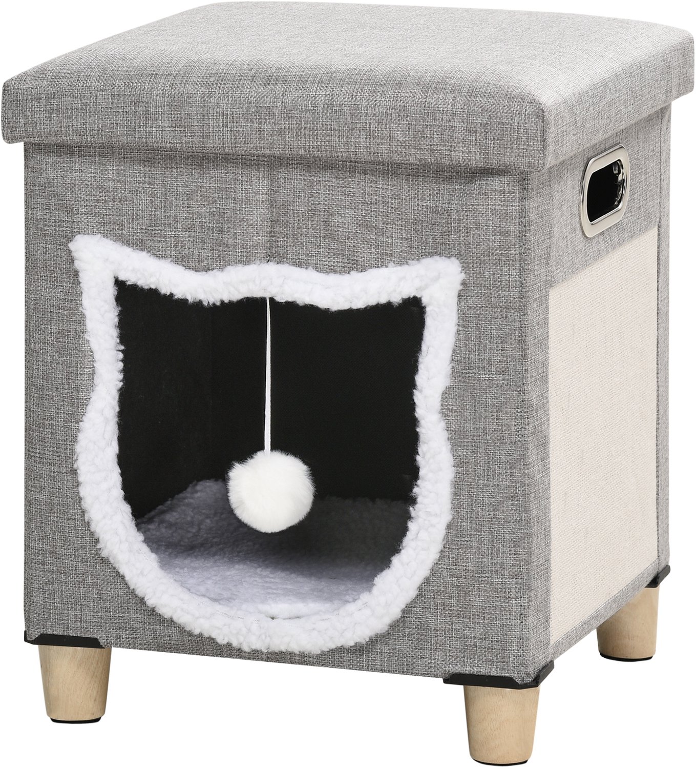Pawona Kattenhuis - Met krabmat, wasbaar kussen en speelbal - 35,5 x 35,5 x 42,5 cm - Crèmewit/Grijs
