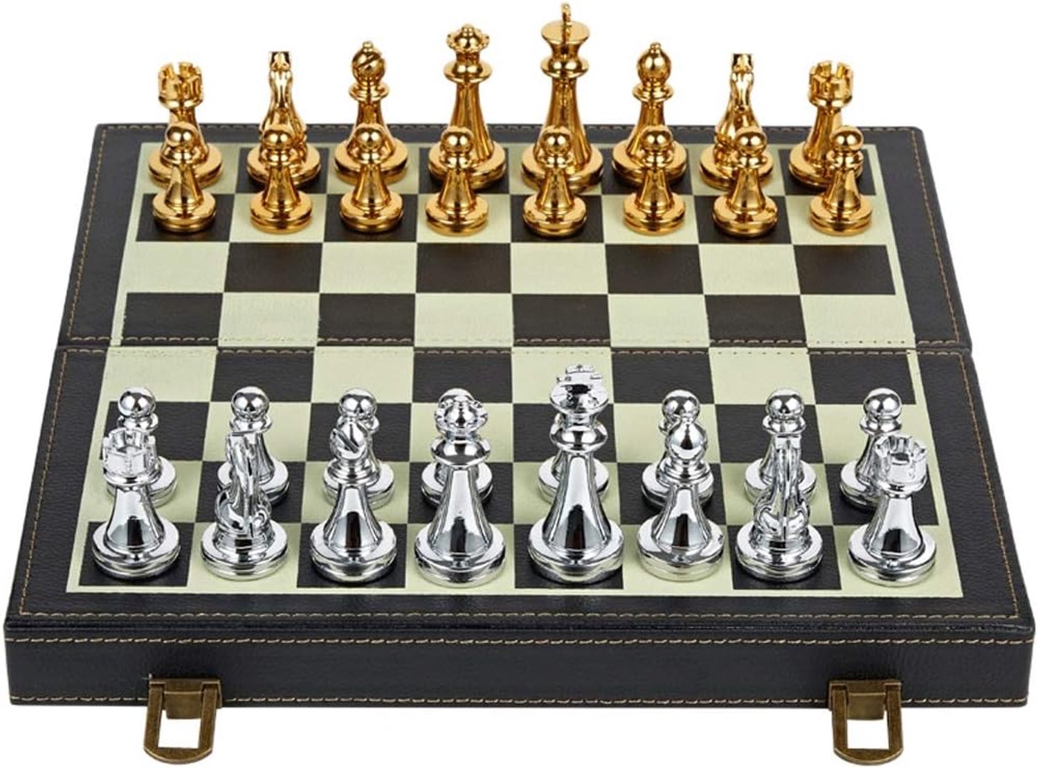 Schaakspel Chess Metal Bronze Children's Folding Chess Board Game Toegewijd schaakversieringen Schaaksets voor kinderen en volwassenen (Color : Leather chessboard)