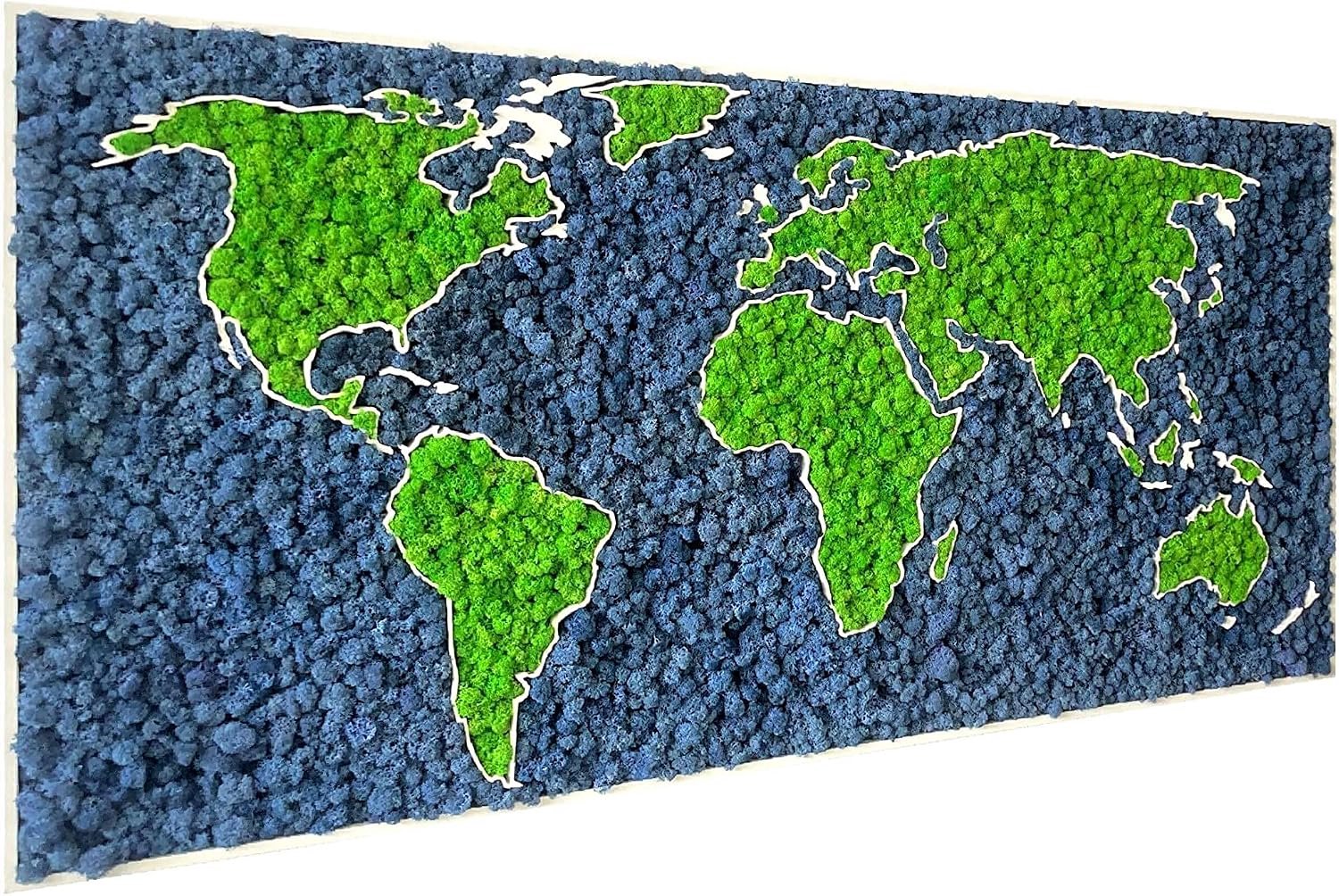 3D Mos World Framed Map - gestabiliseerde natuurlijke Scandinavische korstmossen - wanddecoratie (112x65 cm, groen & blauw korstmos - zwart houten frame)