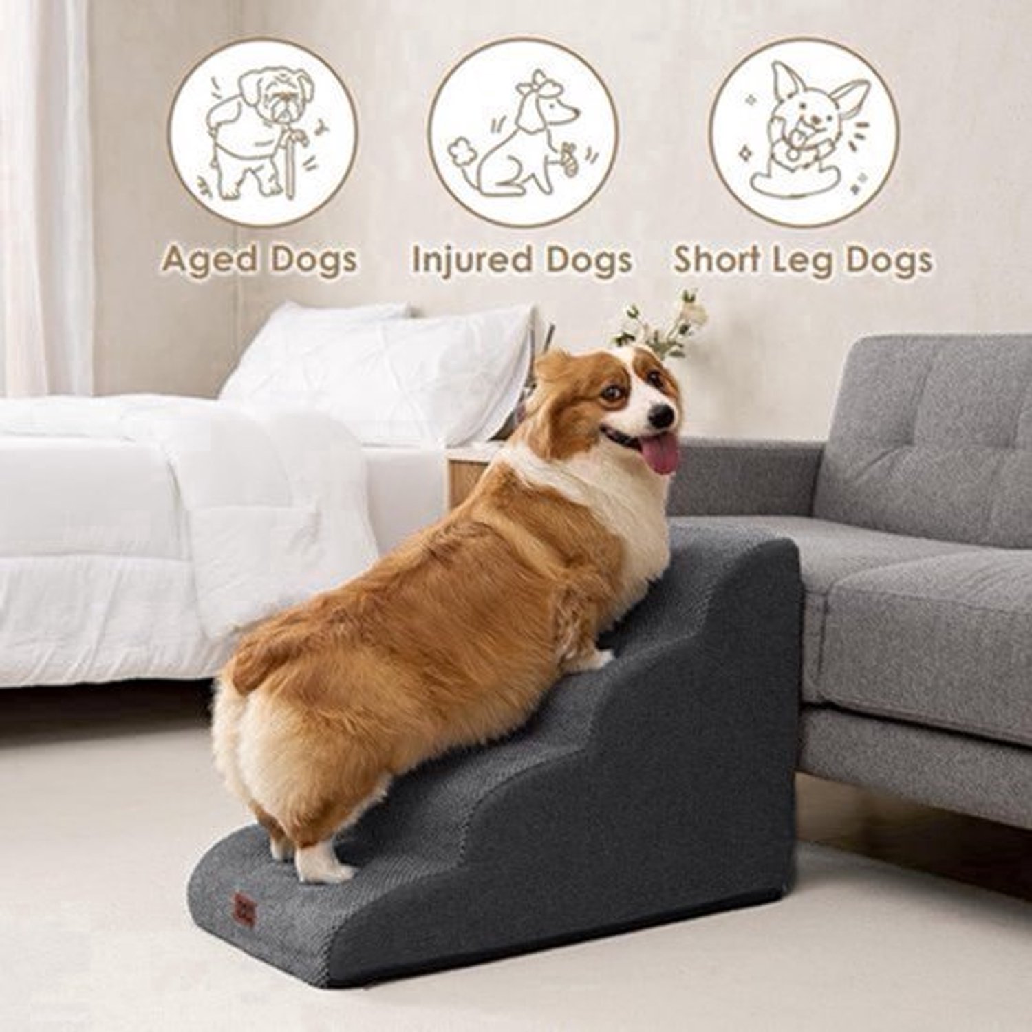 Honden- En Kattentrap – Huisdiertrap – Dierentrap – Kleine Hond Trap – 4-Traps – Antislip – Wasbare Hoes – Stevige Foam en Mdf Constructie