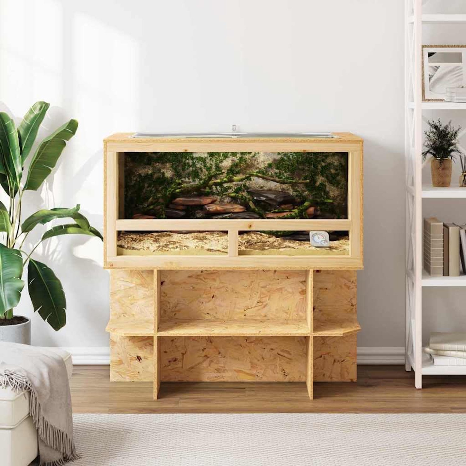 Terrarium, 100 x 50 x 100 cm, van OSB en glas, reptielenhok met schuifdeuren, inclusief thermometer, groot knaagdierterrarium voor binnen, bruin
