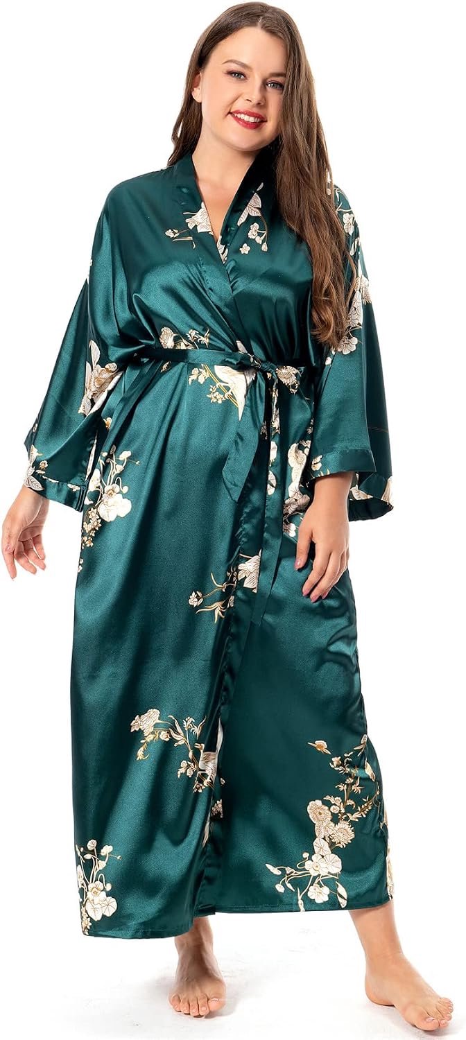 Badjassen met bloemen voor dames, grote maten, lange zijden gewaden, pauw, bloemen, kimono, nachtkleding, ochtendjas — afbeelding 4