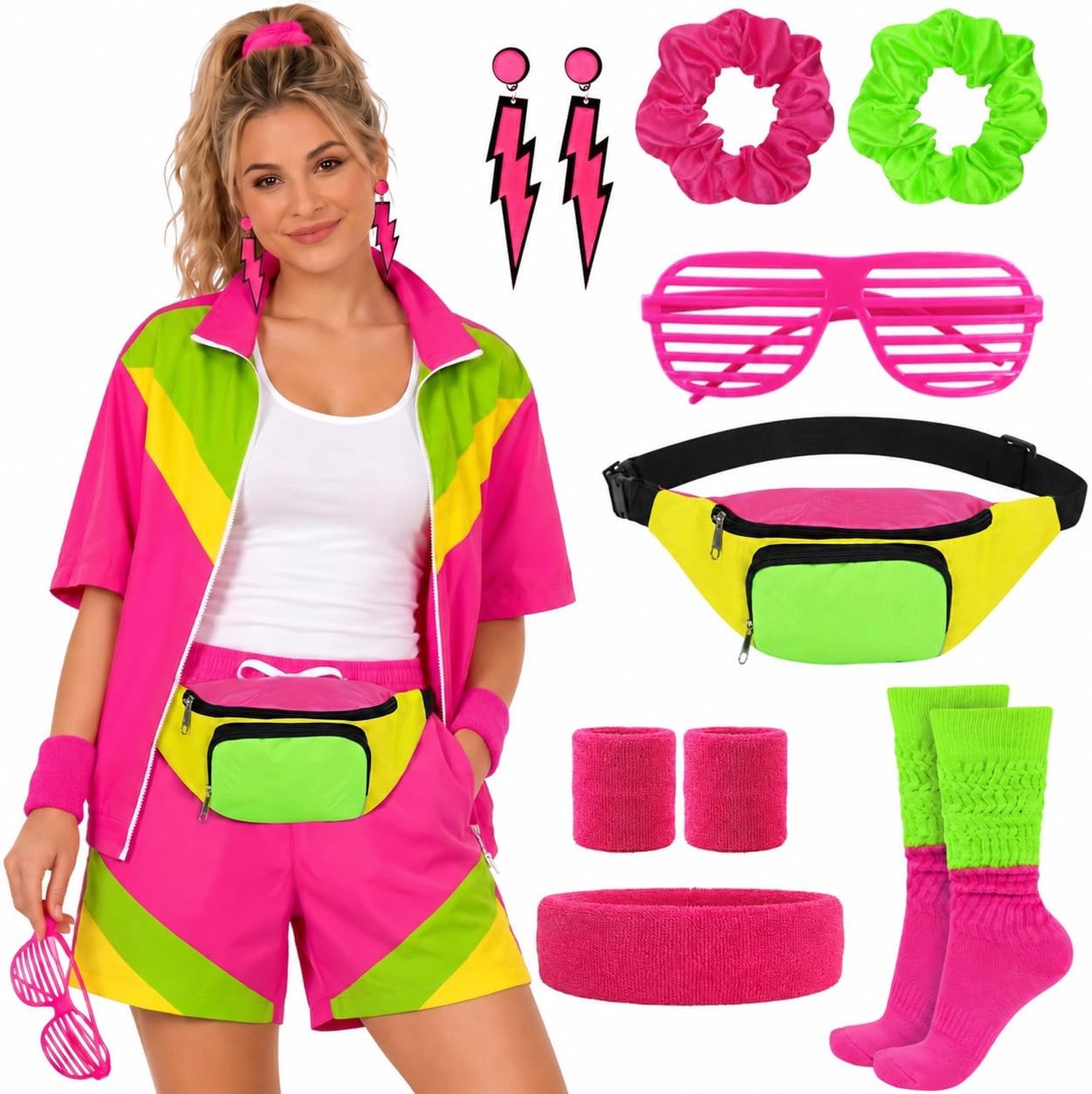Outfit voor dames, neon-trainingspak, kostuum met accessoires
