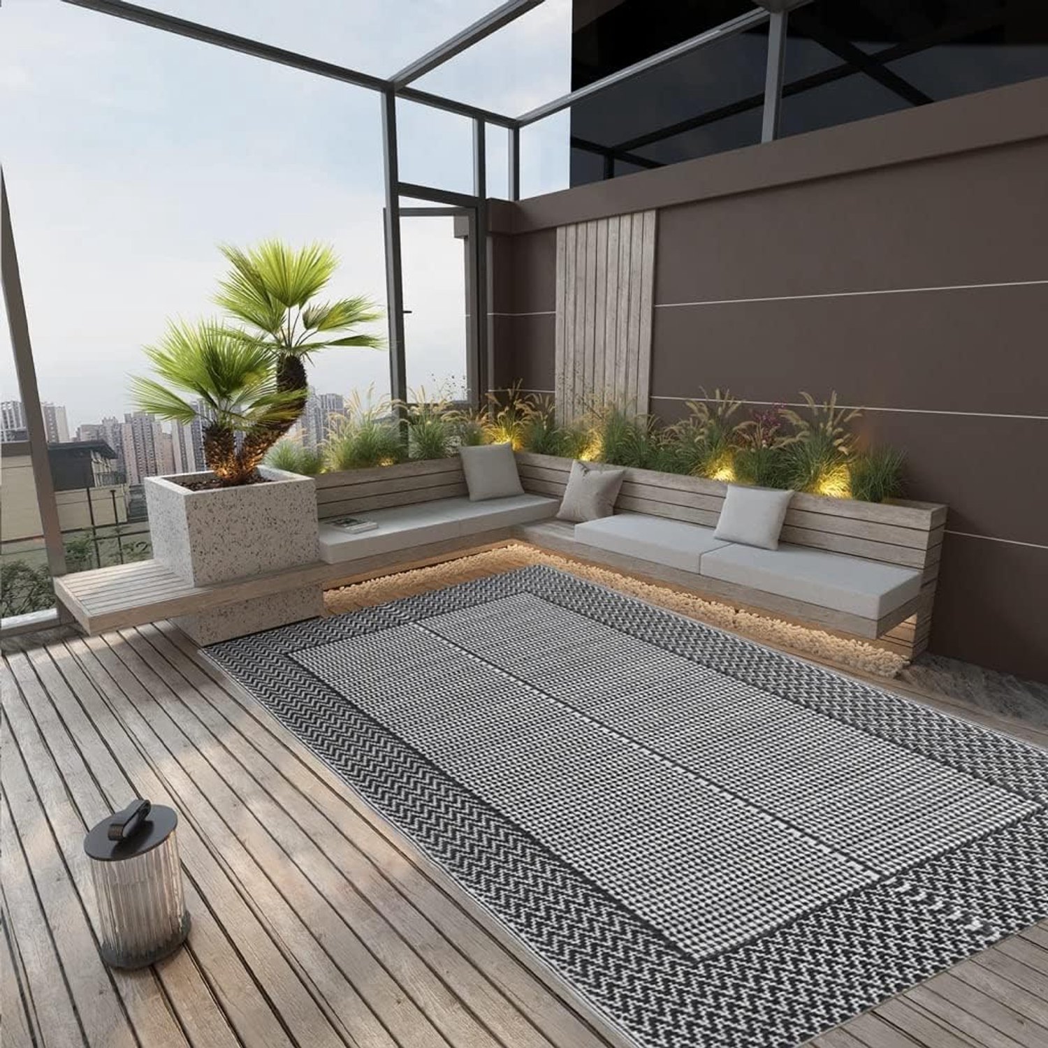 Tapijt ARAKIL 140x200 cm zwart - omkeerbaar kunststof tapijt voor balkon, terras en tuin