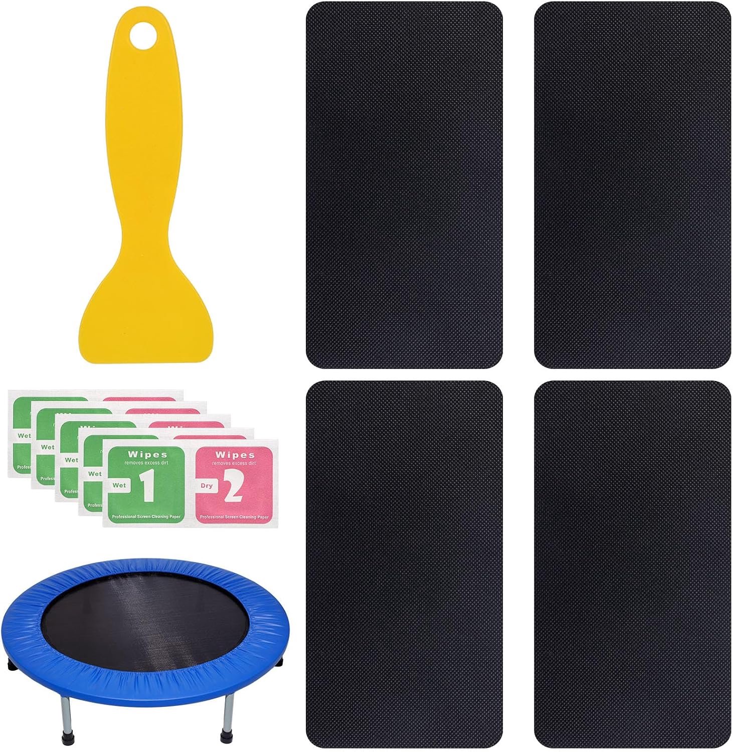 10-Delige Zelfklevende Reparatieset voor Trampolines, 4 Rechthoekige Reparatiepatches 5 Doekjes en 1 Schraper Snelle Reparatie van Scheuren of Gaten in de Trampolinemat (Zwart)
