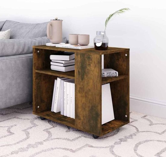 Bijzettafel, rookeiken, 70 x 35 x 55 cm, met wielen, salontafel van onderhoudsvriendelijk houtmateriaal, stijlvolle bijzettafel met opbergruimte voor orde, gemakkelijk te verplaatsen door — afbeelding 2