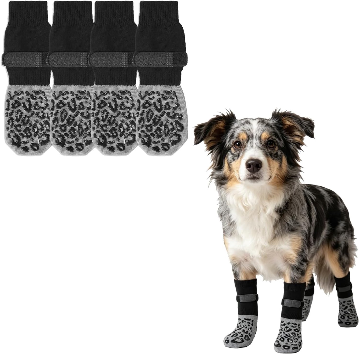 Schoenen voor Geblesseerde Poten, Antislip Hondensokken met Grippers, Verstelbare Riem, Pootbeschermer voor Binnen en Buiten, Zwart Luipaardprint, L
