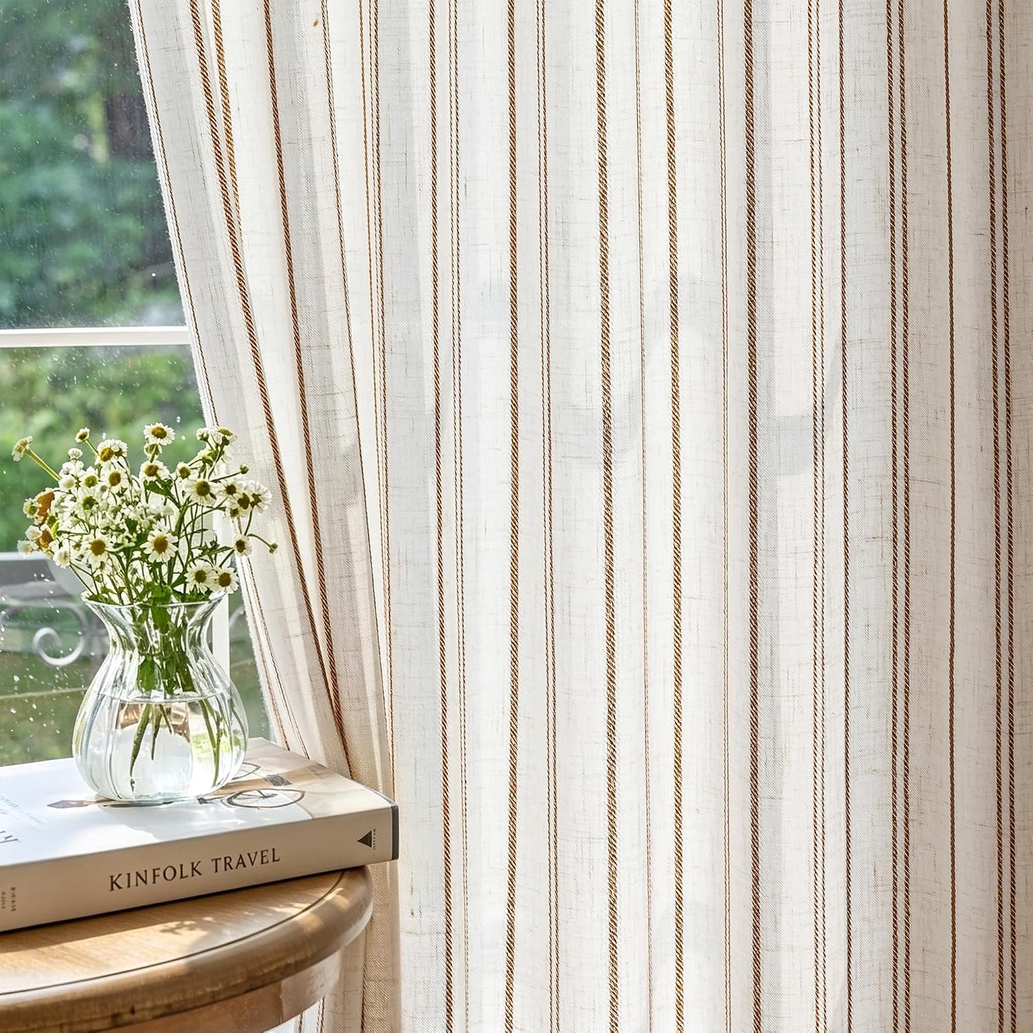 Transparant gordijn, boho-gordijnen, gordijn voor woonkamer, kaki, H 245 x B 140 cm