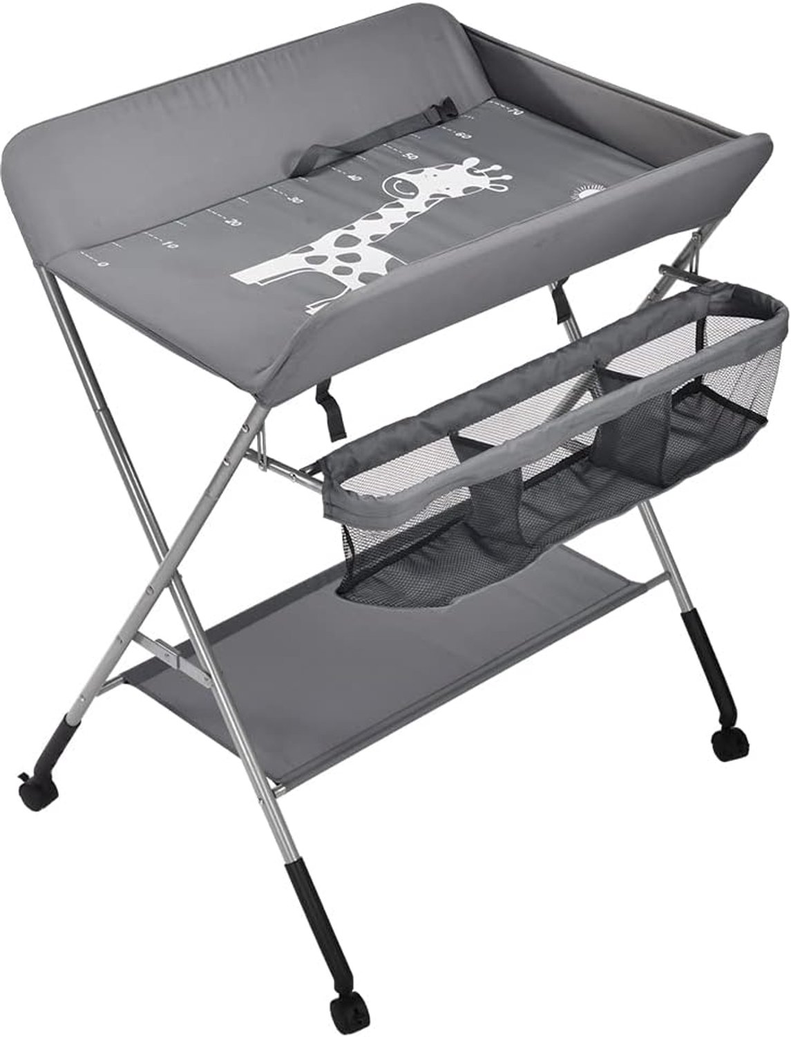 Opvouwbare commode, mobiele commode met aankleedkussen, veiligheidsgordel en opbergvakken (D,80 * 65 * 93-99cm/donkergrijs)