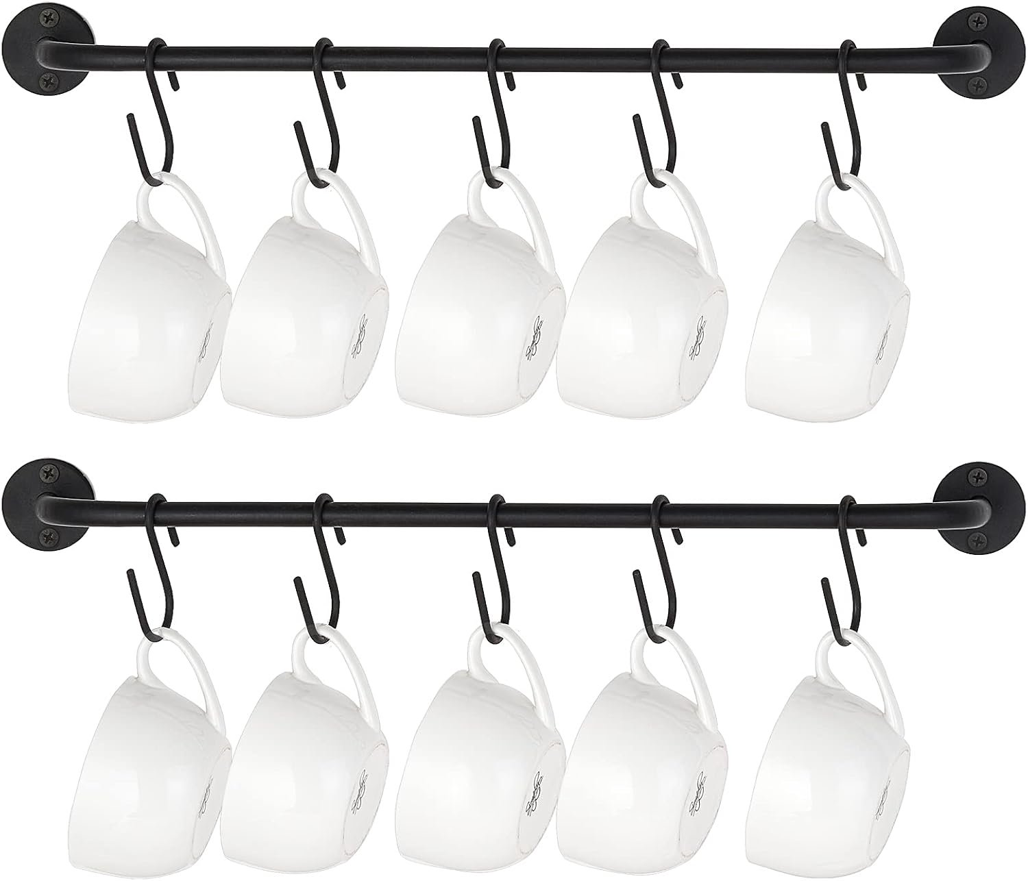 Famanu – Wandmontage mokhouder met 10 mokhaken, metalen wandrek voor keuken en eetkamer, set van 2, zwart