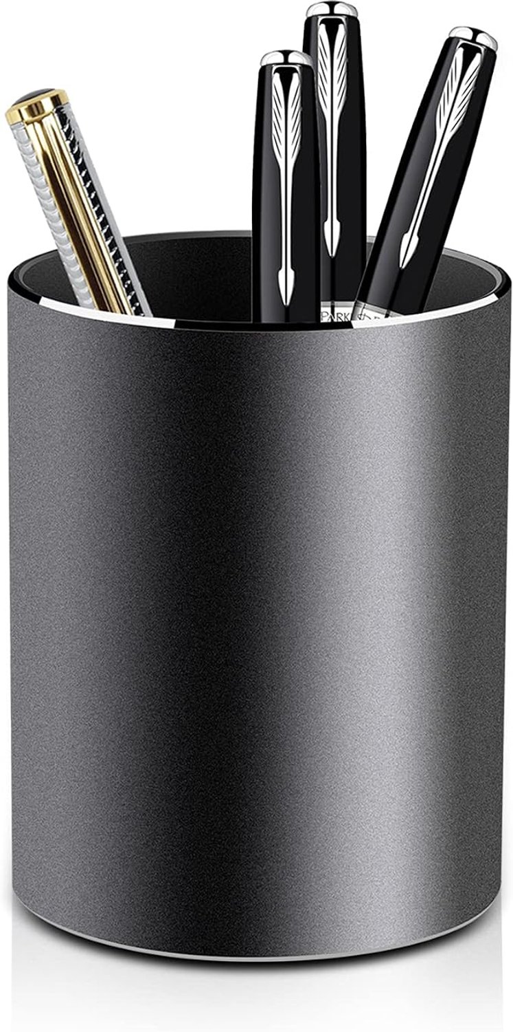 Ronde metalen pennenhouder van aluminiumlegering 8 x 10 cm – zwarte penholder voor kantoor, school en thuis
