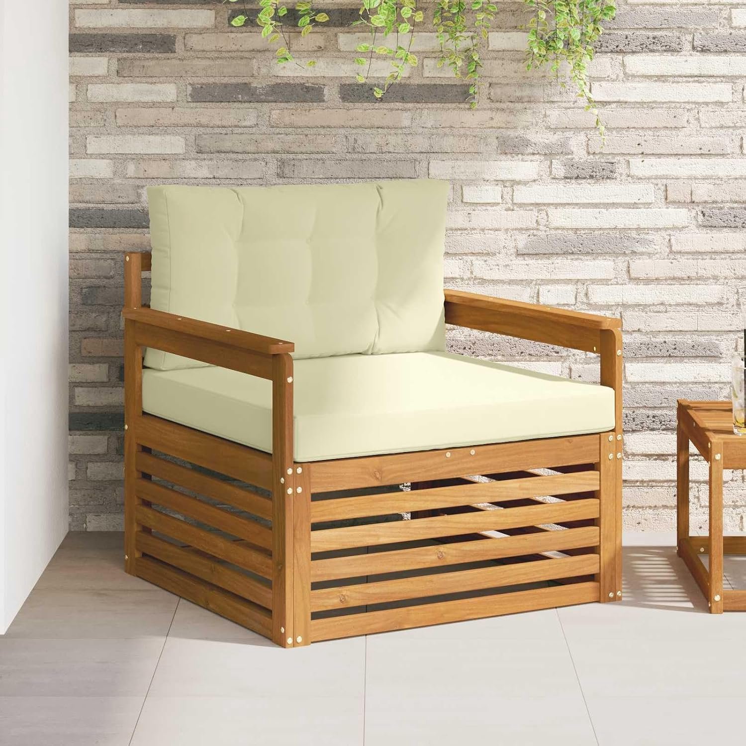 Outdoorbank van massief acaciahout met polyester kussen in natuur en crème, modulaire tuinbank voor terras, weerbestendig en onderhoudsvriendelijk