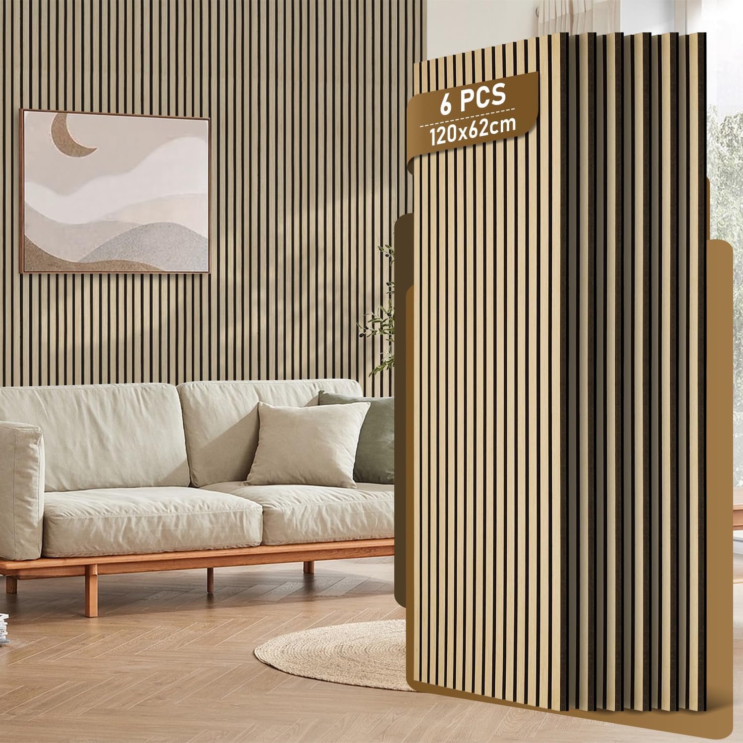 Akoestische panelen, houten panelen, 120 x 60 cm, wandpanelen van houtfineer en vilt, houten panelen, ruw hout, wandbekleding voor studio en thuis, binnenwanddecoratie, grote afdekking, 6 stuks