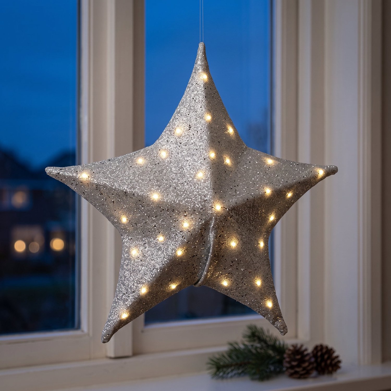 Cheqo® Verlichte Kerstster Zilver - LED Kerstster met Kerstlampjes - op Batterijen met Timer - Kerstverlichting voor Binnen - Kerstdecoratie om op te Hangen - Warm Wit - Sfeerverlichting - Verlicht Kerstfiguur - Adventster - Raamdecoratie Kerst