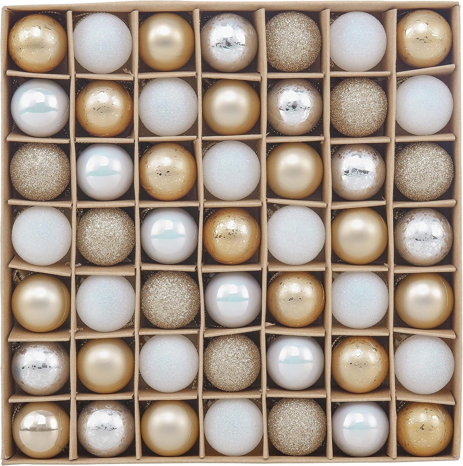 49-delige kerstballen set van 3 cm, shatterproof in wit, zilver en goud, versieringen voor kerstboom met matte en glanzende sequins, cadeauverpakking in kraftkarton