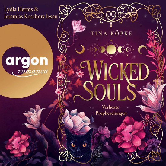 Boekomslag Wicked Souls met gouden belettering, een zwarte kat, roze bloemen en maanfasen op een donkerpaarse achtergrond.