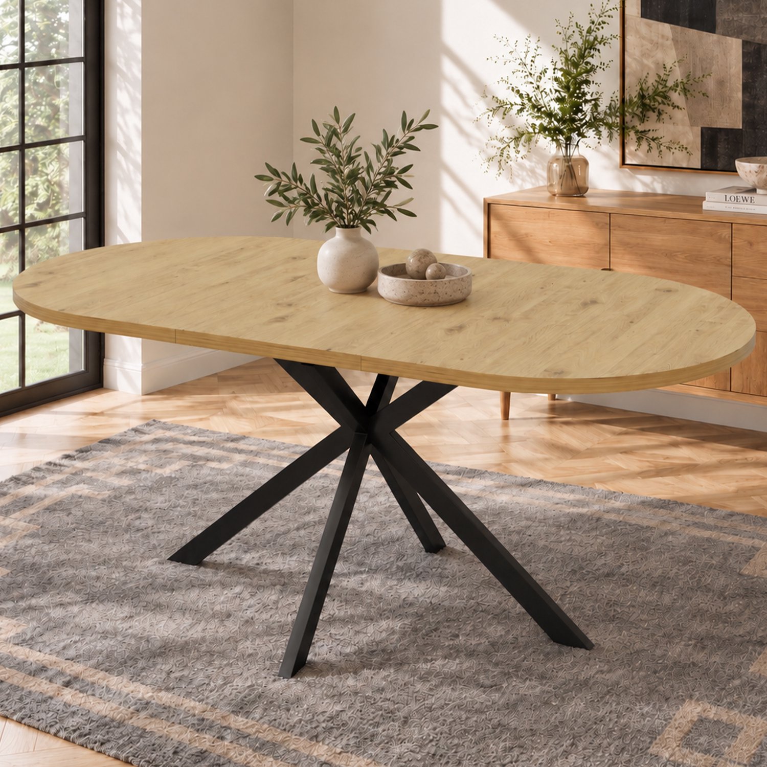 MODENUIT Eettafel - Uitschuifbaar Ovaal Blad - Voor Eetkamer en Keuken - MDF en Metaal - 120 tot 160 x 80 Cm Houtkleur