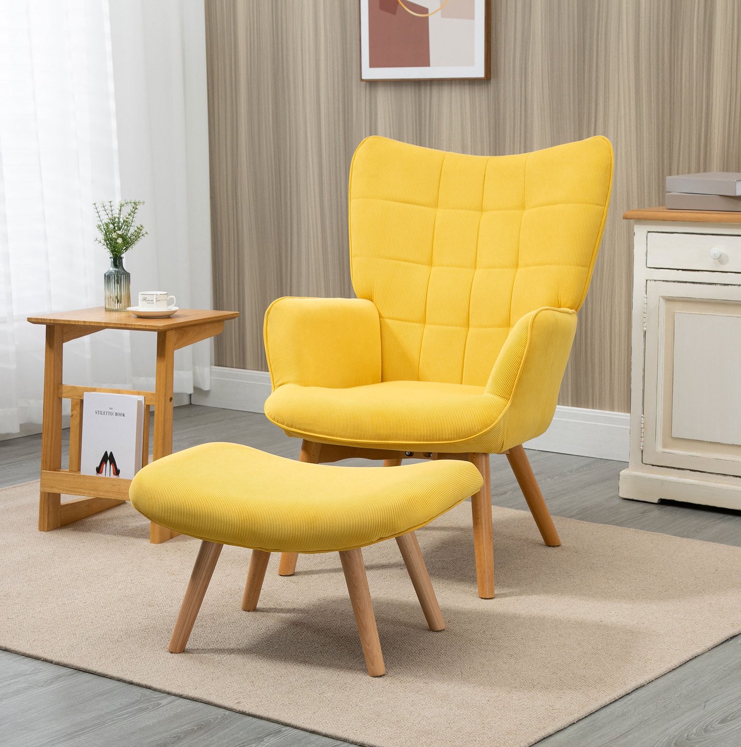 CHICFURN Fauteuil - Met hocker - Houten poten - Geel