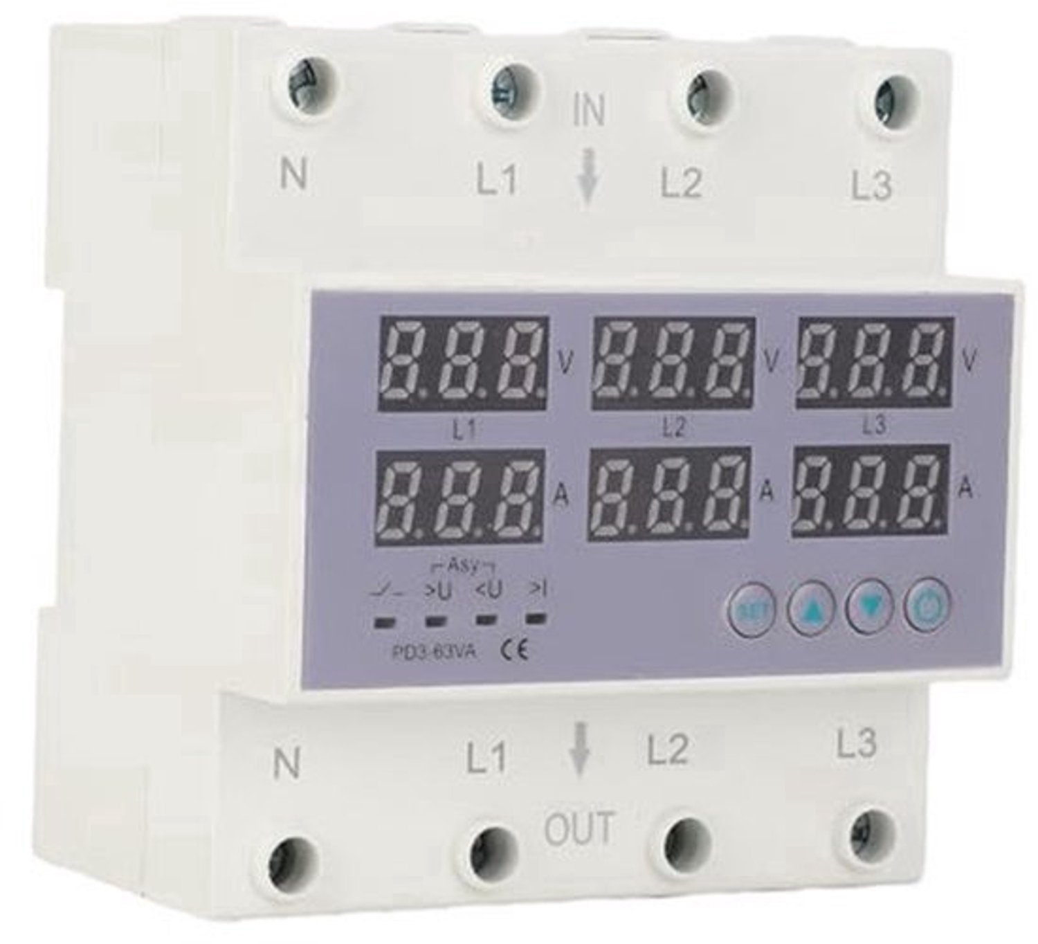 3-fasen DIN-rail Voltmeter Ampèremeter Automatische Overspanning Overspanningsbeveiliging Overspanningsbeveiliging Stroomstabilisator voor Huisbeveiliging AC 390‑500V (63A)