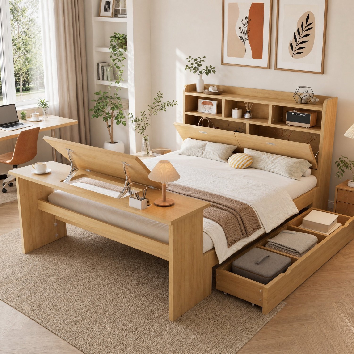WUVRIE Bed 140x200 cm - Met opberglade, hoofdeindrek en inklapbare tafel - Naturel Naturel houtkleur