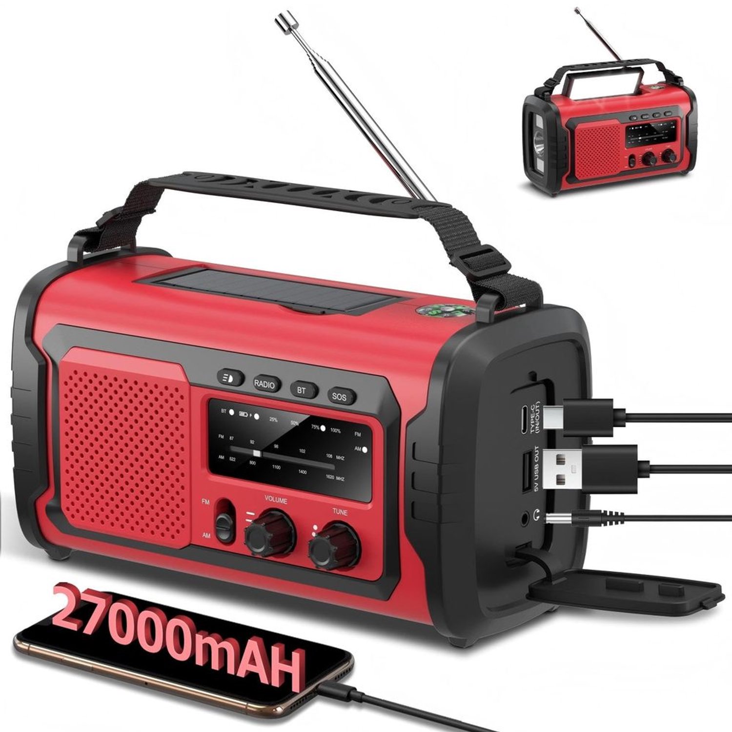 27000 mAh Noodradio met Solar Power en Bluetooth - Voor camping en outdoor gebruik
