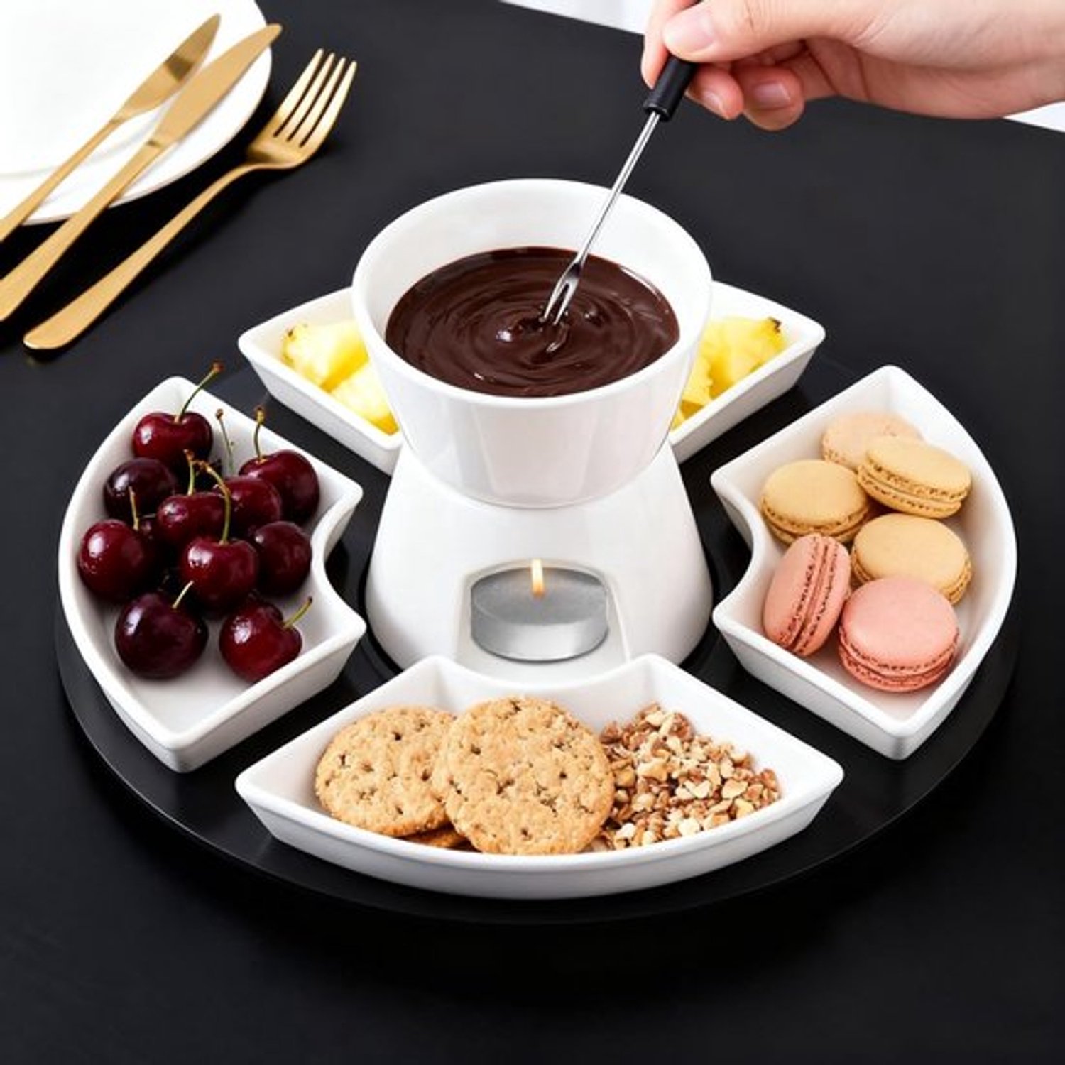 Chocoladefondueset, keramische mini-chocoladefondue, kaasfondue, set met 4 keramische borden en 4 vorken en 1 dienblad, chocoladefondue, verwarmd met een theelicht voor snoep, boter en kaas – foto 5