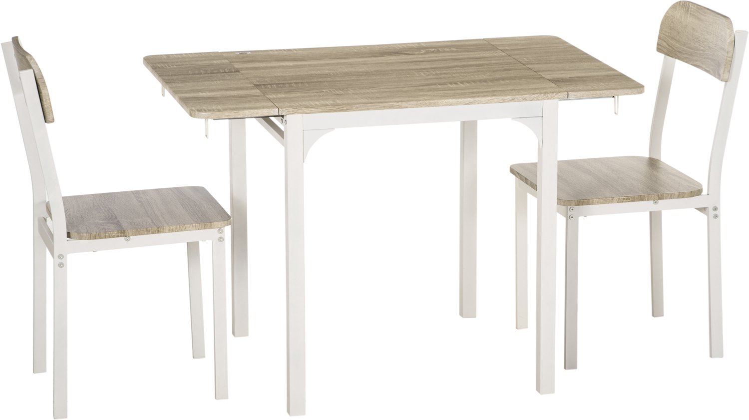 Homcom eetkamerset met stalen frame - Uitklapbare tafel met 2 stoelen - Set tafel en stoelen - Naturel en wit natur, weiß