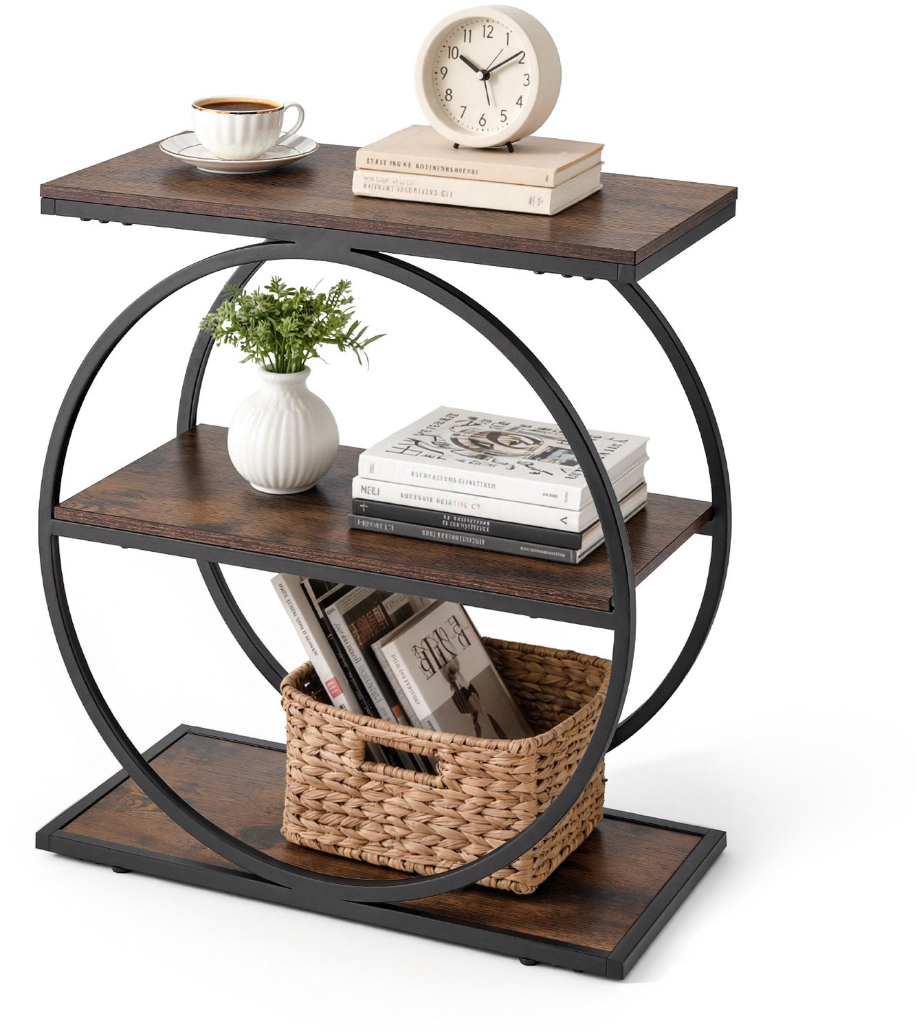 Vevor Bijzettafel, Smalle Bijzettafel met 3 Niveaus en Open Opbergplanken, Modern Nachtkastje met Rond Metalen Frame, Houten Salontafel voor Woonkamer, Slaapkamer of Kantoor, Rustiek Bruin Bruin hout