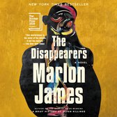 Boekomslag: 'The Disappearers' door Marlon James. Silhouet van een man tegen een gele achtergrond met abstracte verfstreken.
