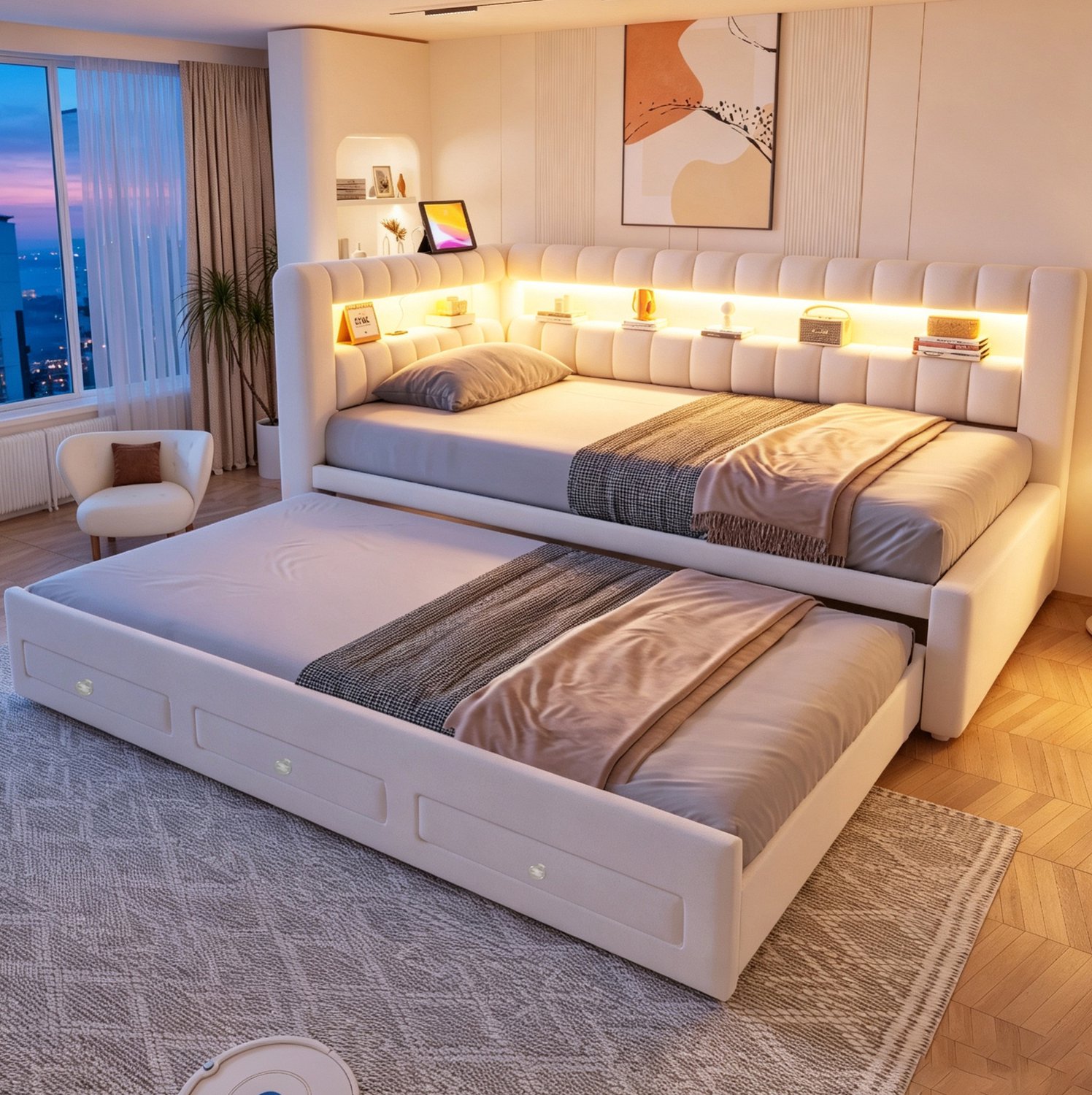 OKWISH Gestoffeerde Slaapbank 90x190 cm - Uitschuifbaar Bed - Opberglades - Verstelbare Verlichting en Oplaadpunten - Fluweel - Zonder Matras - Beige