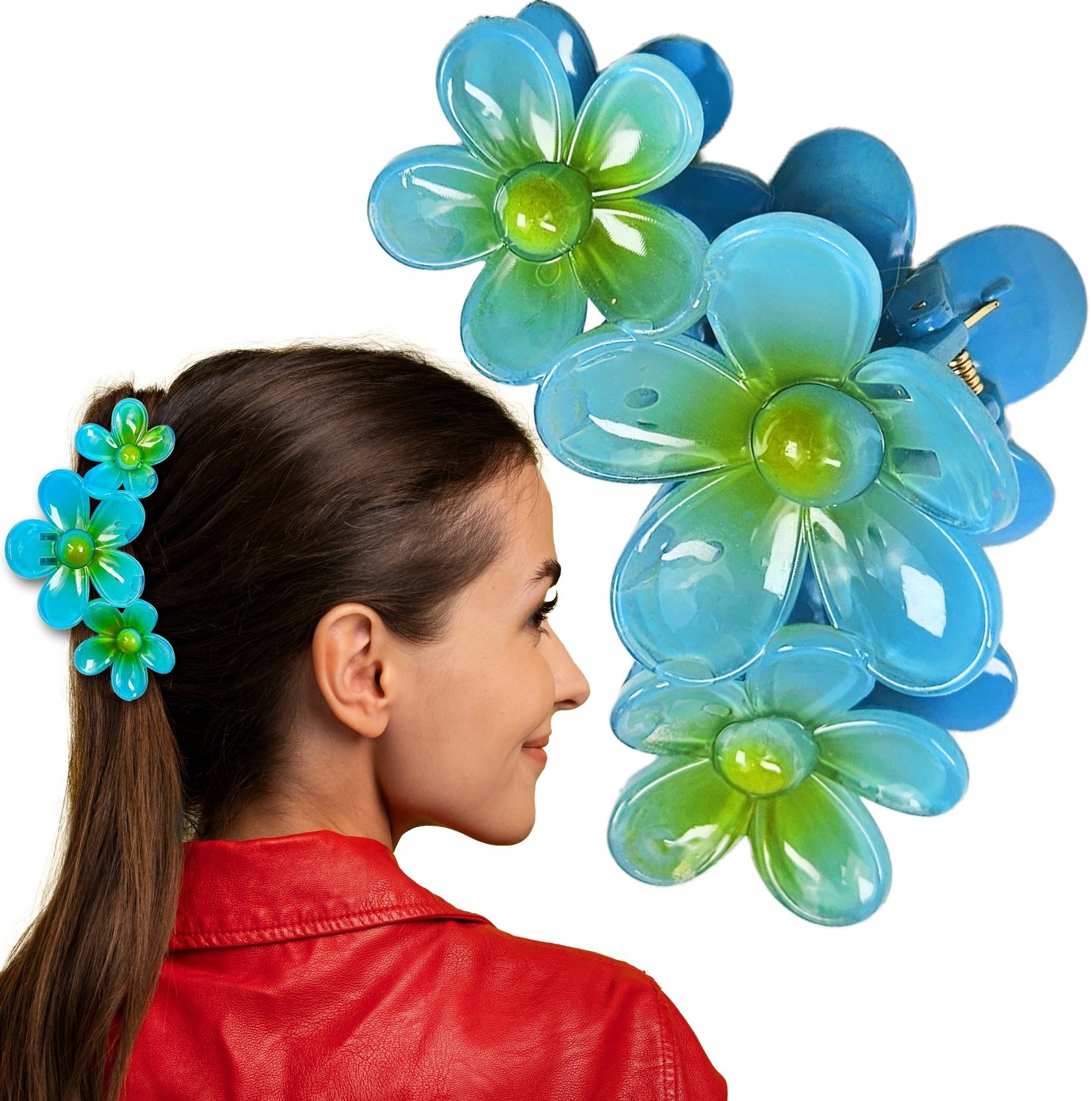Grote Blauwe Haarclip met Drie Bloemen - Stijlvolle Klem
