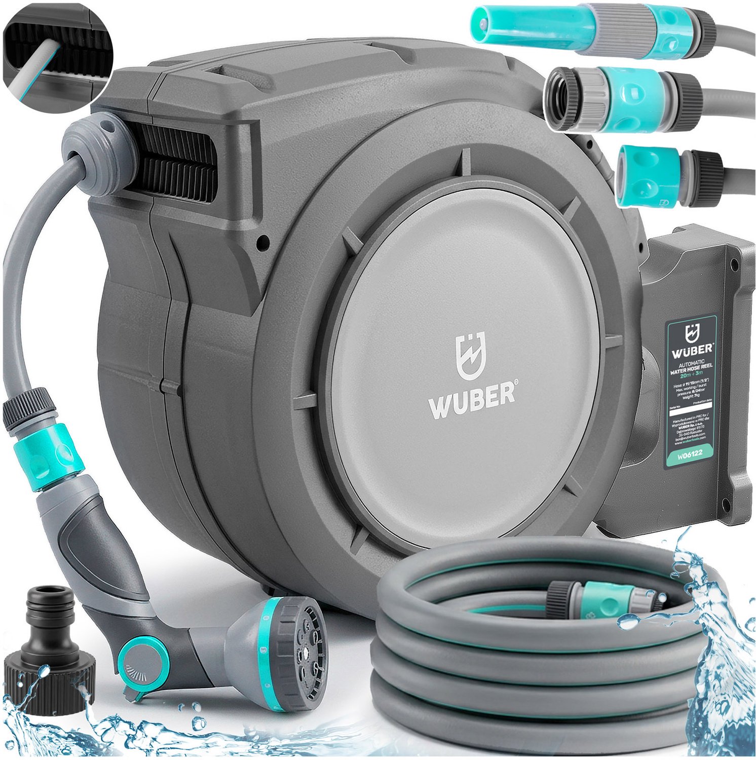 Automatische tuinslanghaspel 20m + 3m met sproeier en koppelingen