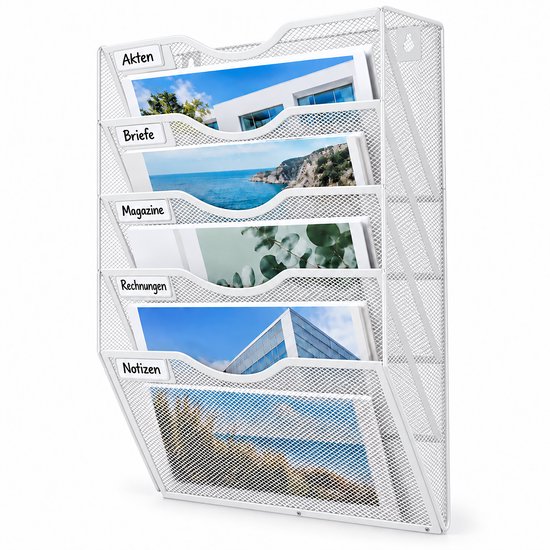 Witte wandorganizer met 5 vakken, gelabeld met Akten, Briefe, Magazine, Rechnungen en Notizen.