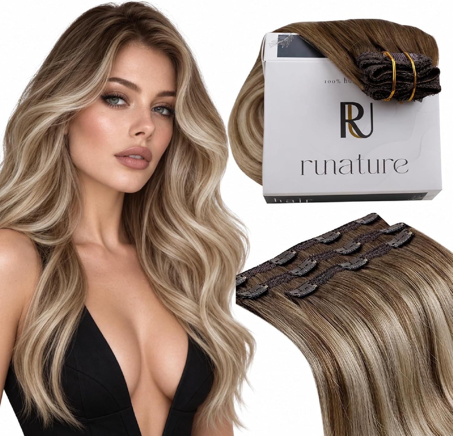 Clip-in Haarextensions van Menselijk Haar in Balayage Bruin Blond #3/8/22 voor Volumineus Haar en Natuurlijke Look