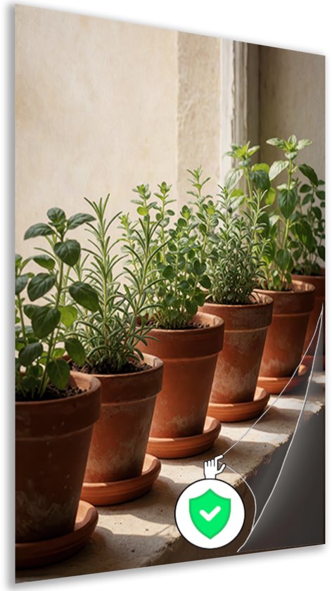 Wandposter van kruidenplanten in terracotta potten met een kwaliteitsicoon rechtsonder.