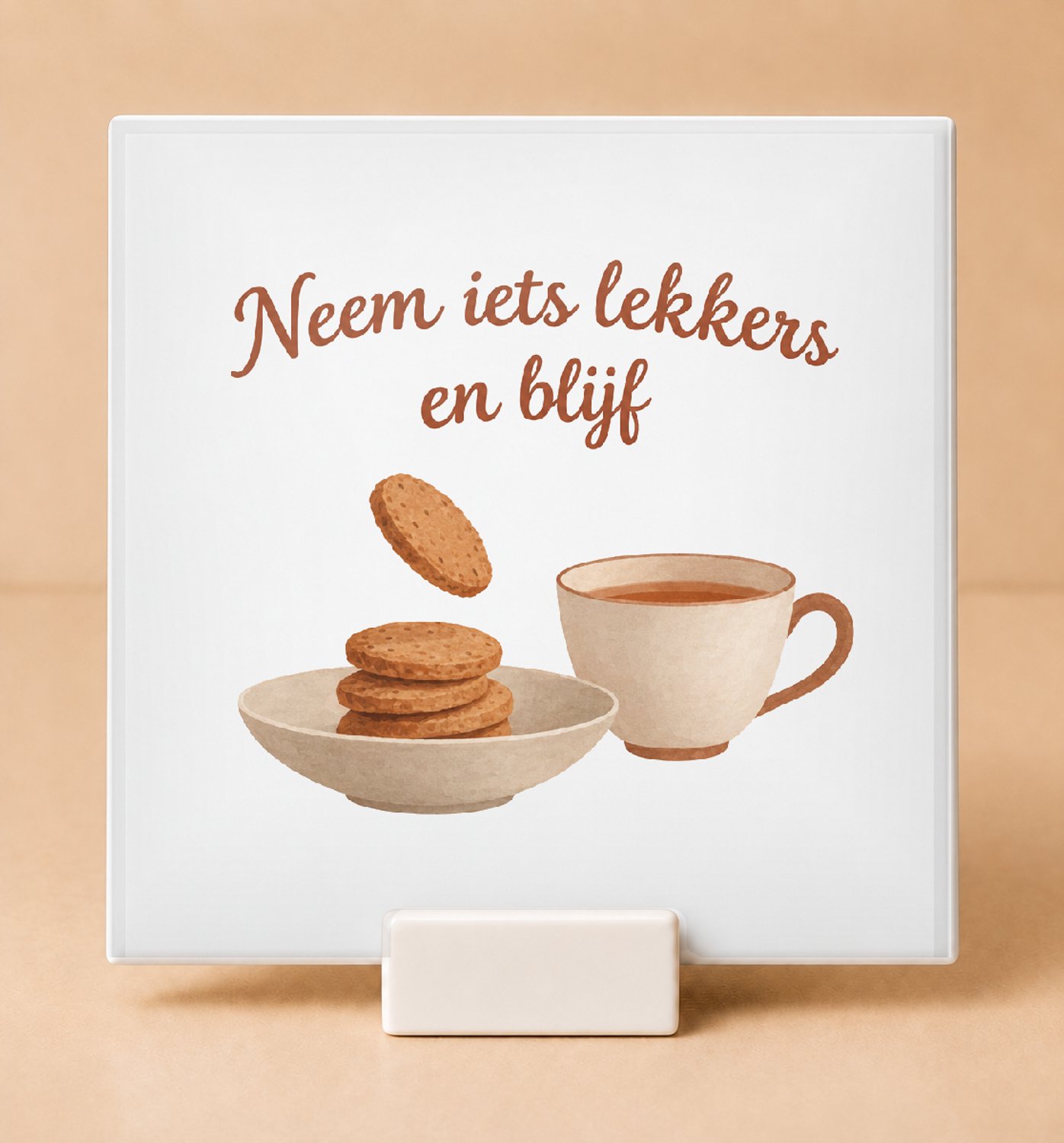 Bedruk King Sfeervolle Decembermodus Tegel – Rustieke Wanddecoratie met Gouache Stijl voor Gezellige Interieurs - 11 x 11 cm met houder Wit