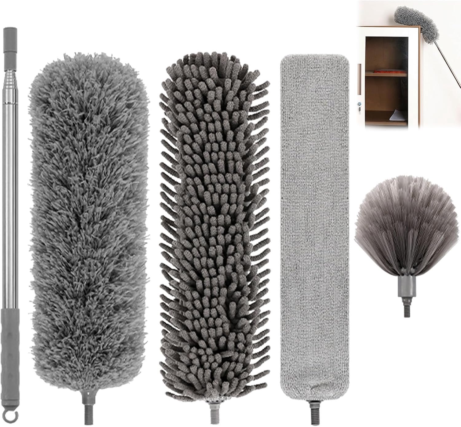 Pack of 5 Dusting Cloths, Washable, Reusable, Cleaning Brush with Pull-Out Handle, 42-210 cm, Telescopic Duster for Indoor Roller Blinds, Fans, Ceilin