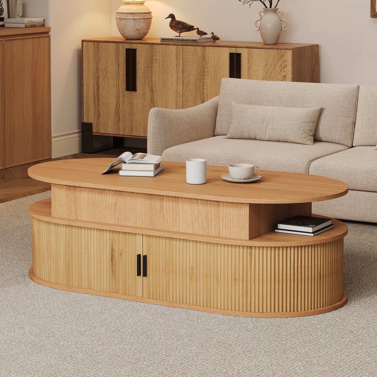 HAUSS SPOLE Salontafel - Verstelbaar Tafelblad Met Opbergruimte - Voor De Woonkamer - MDF In Houtkleur - 100 x 50 x 40 cm