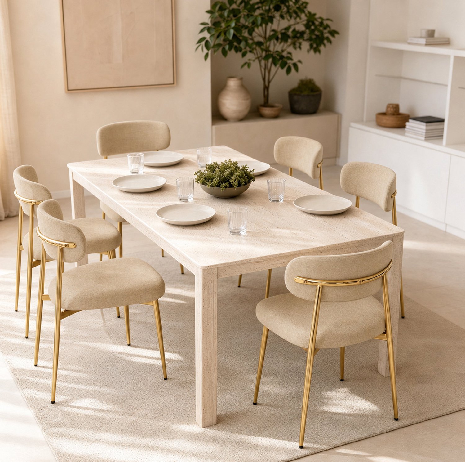 HAUSS SPOLE Eetkamerstoelen - Set van 6 - Gestoffeerd met Gebogen Rugleuning en Verstelbare Voetdopjes - Voor Eetkamer en Keuken - Bruine Stof en Goudkleurig Metaal