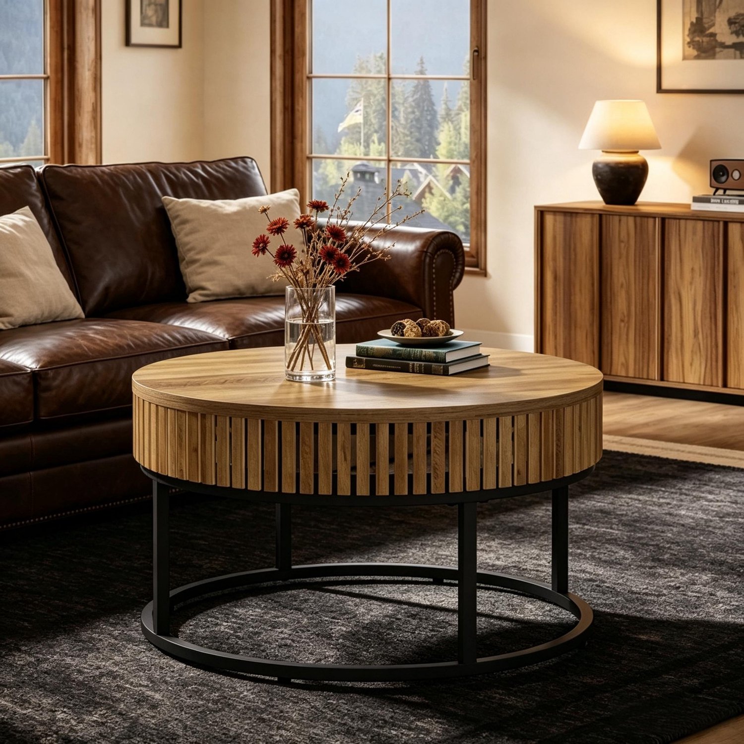HAUSS SPOLE Salontafel - Rond Tafelblad van MDF en Metalen Onderstel - Voor Woonkamer en Werkkamer - Bruin en Zwart - 80 x 80 x 45 cm
