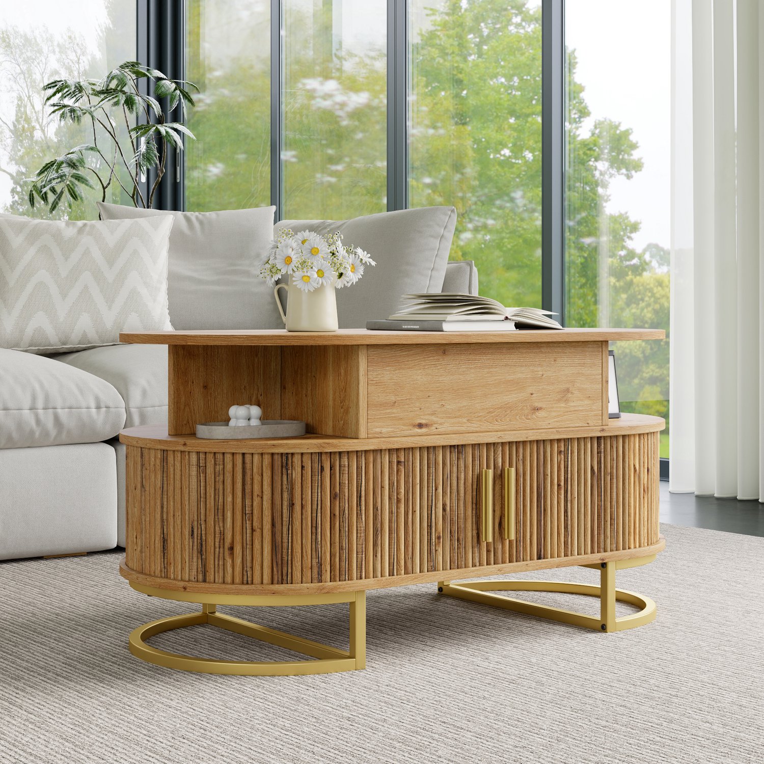 HAUSS SPOLE Salontafel - Ovaal Met Verstelbaar Tafelblad En Opbergruimte - Voor de Woonkamer - MDF En Staal - 100 x 50 x 64 cm - Naturel Naturel, goudkleurig
