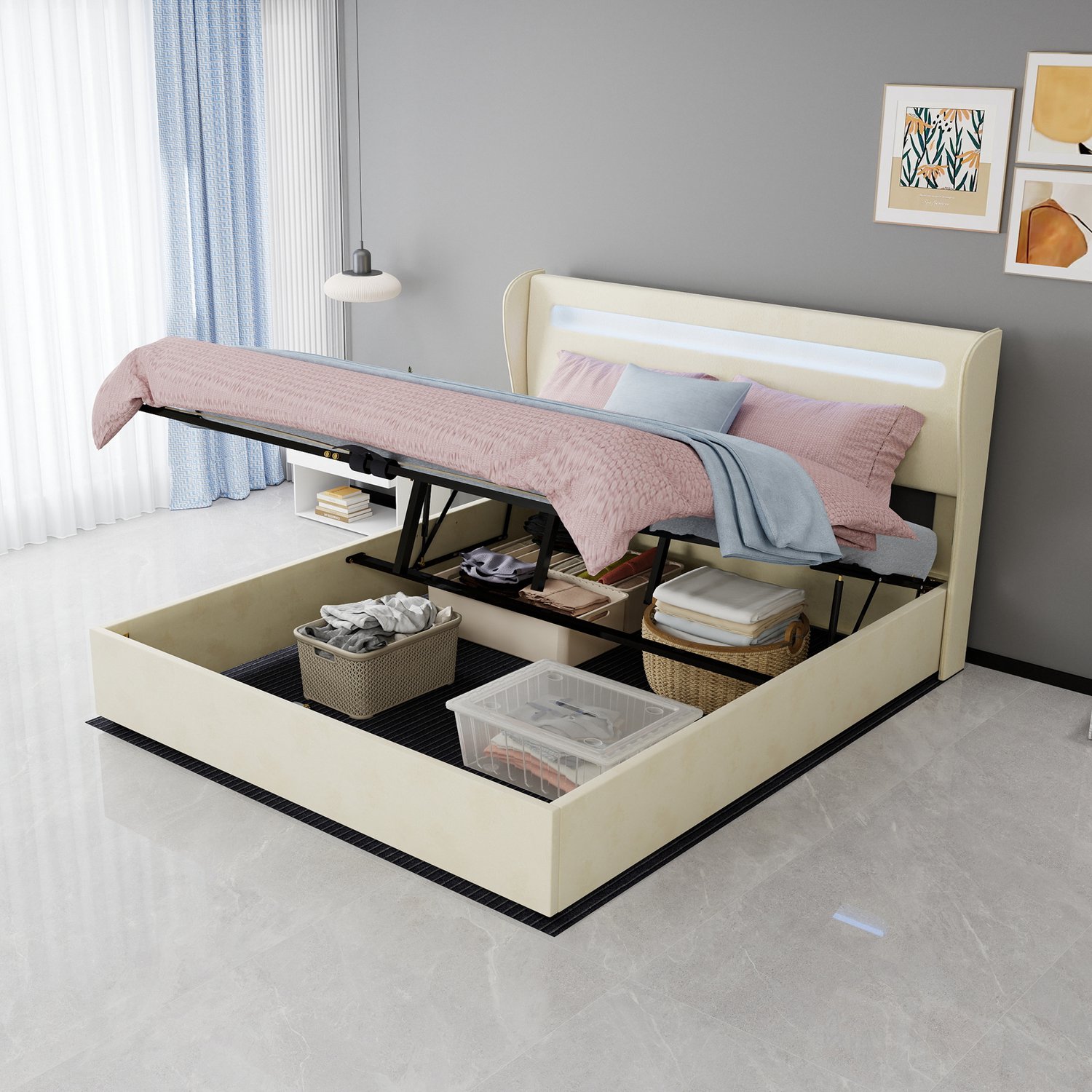 MEUNIQ tweepersoonsbed 160 x 200 cm met matras, gestoffeerd bed met verstelbaar hoofdeinde, ledverlichting en opbergruimte onder het bed, beige