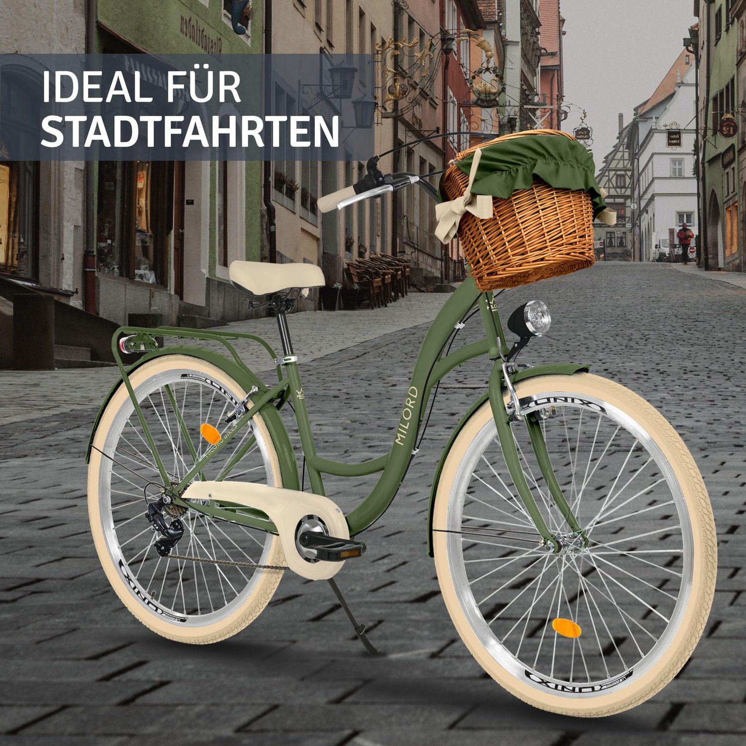 Milord damesfiets khaki stadsfiets 28 inch met 7 versnellingen en rieten mand