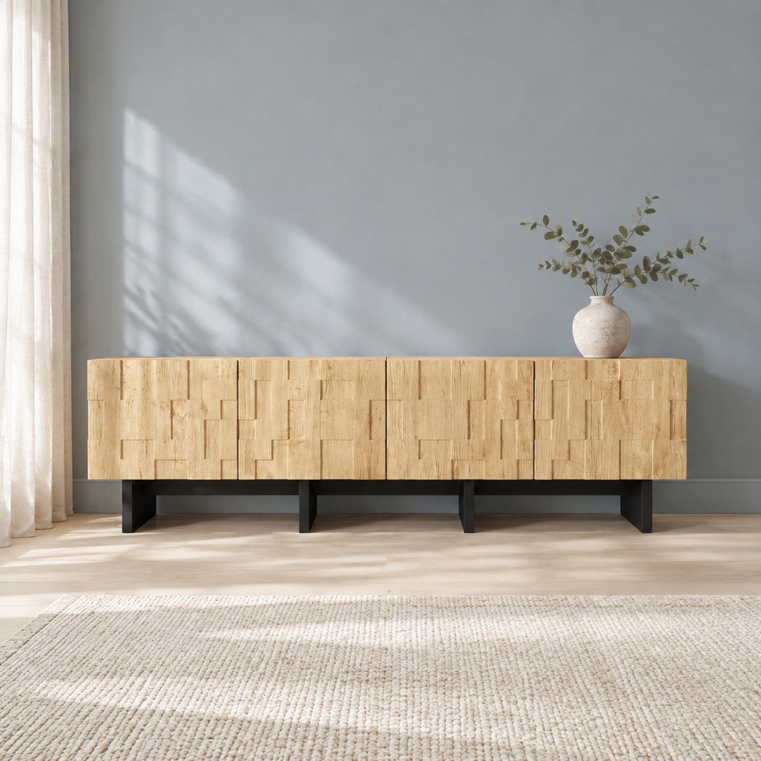 HAUSS SPOLE Tv-Meubel - Vier Deuren Met Wafelpatroon En Drukopening - Voor Televisies Tot 75 Inch - Mdf En Spaanplaat - Naturel - 180 x 38,5 x 45 cm Naturel houtkleur